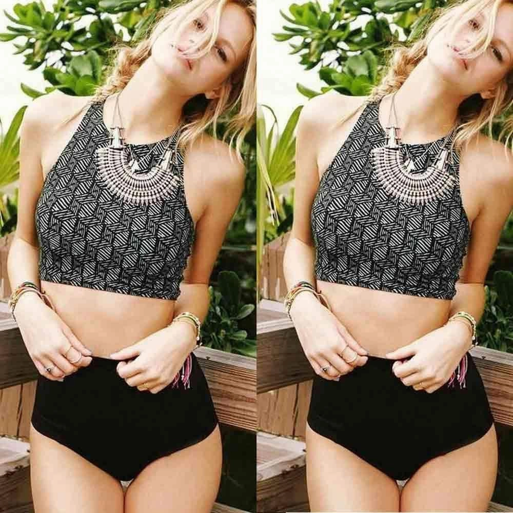 Women's High Waisted Black Design Bikini Cross Back Design