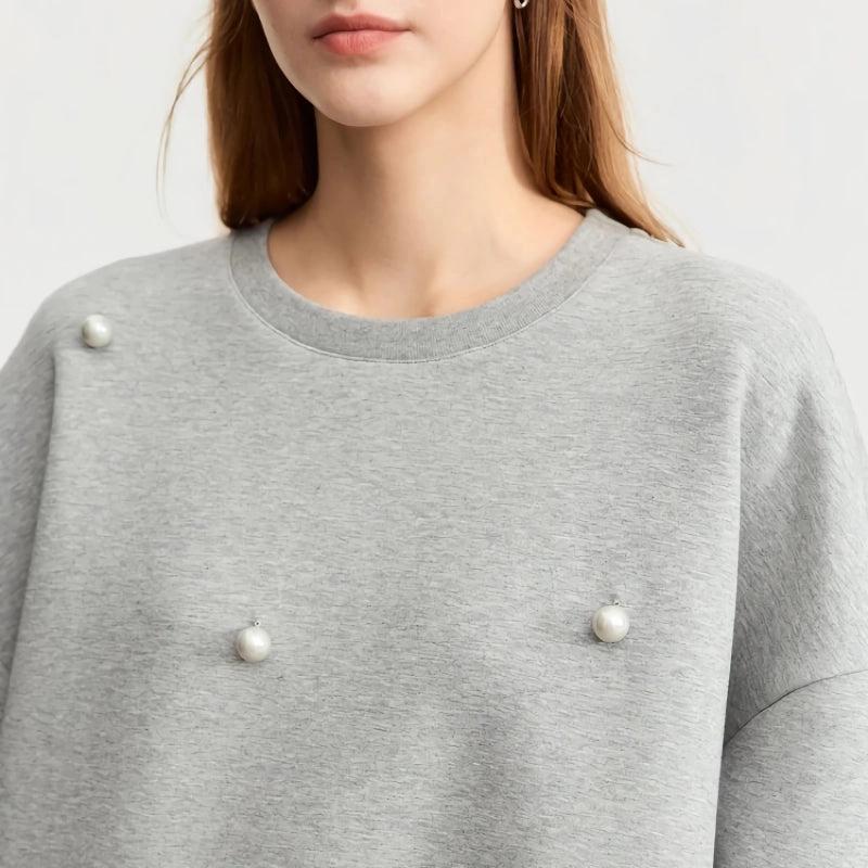 Microfiber Blended Fabric Drop Shoulder Oversized Casual Loose Pullover with Embroidered Flares