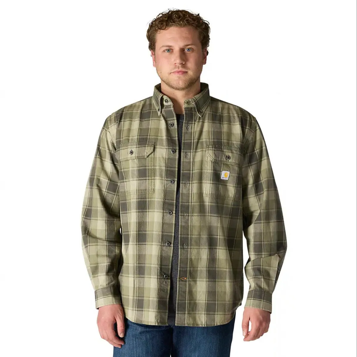 StaticFreeLining All-Day Fit Men's Big and Tall Loose Fit Chambray Long-Sleeve Plaid Shirt 107012