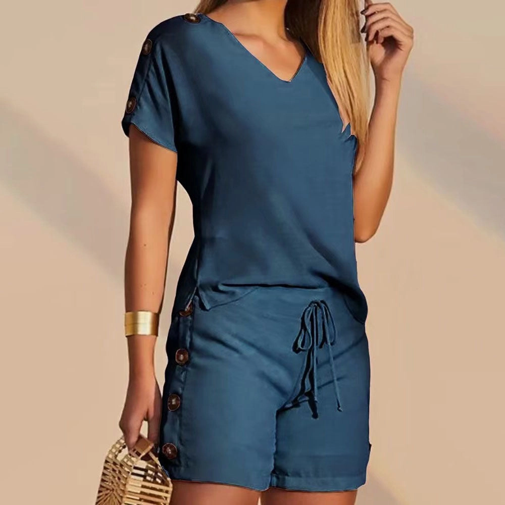 Comfortable Decorative Buttons Short-sleeved Shorts Suit New Basic Luxury Teen