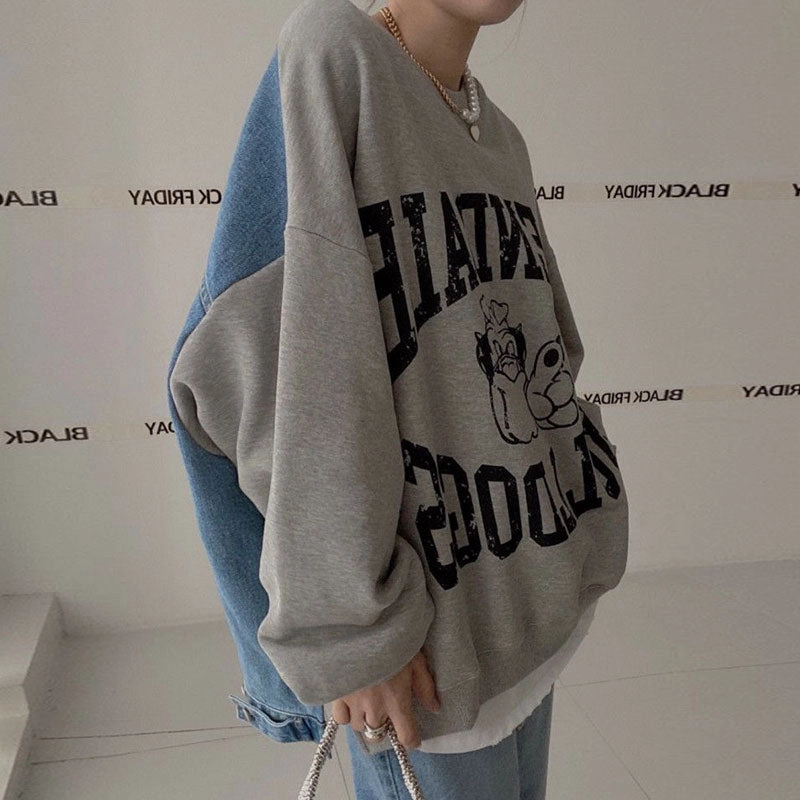 ironable marbled Casual Long-sleeved Denim Splicing Sweater Female