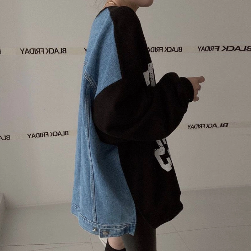 Casual Long-sleeved Denim Splicing Sweater Female Cozy Street Style