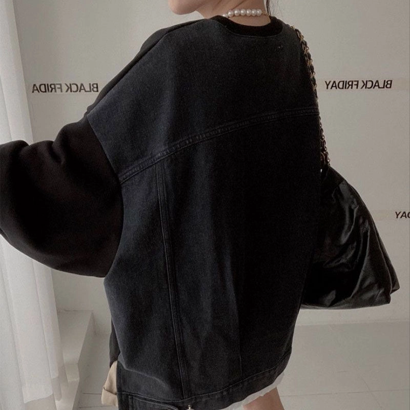 Soft Hoodie Casual Long-sleeved Denim Splicing Sweater Female