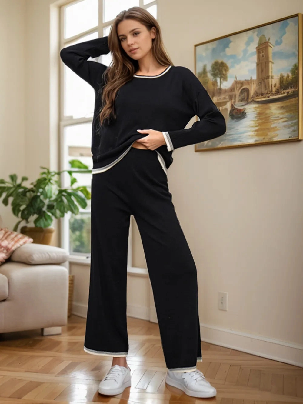 Contrast Trim Round Neck Top and Pants Sweater Set Comfort Stretch Fabric
