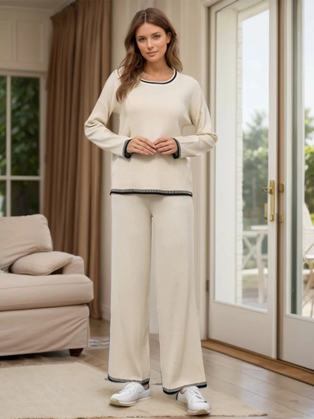 Breathable Membrane Contrast Trim Round Neck Top and Pants Sweater Set