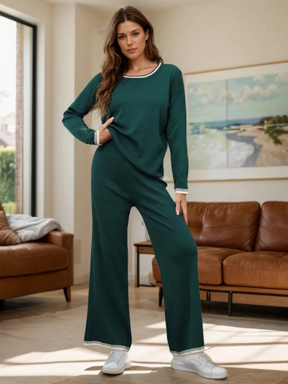 Contrast Trim Round Neck Top and Pants Sweater Set FullLengthZip