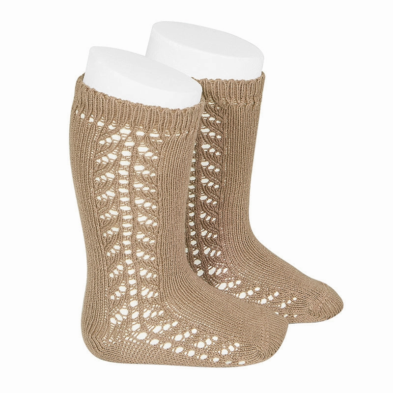 futuristic Condor Socks - Side Openwork Lace Knee High - Camel