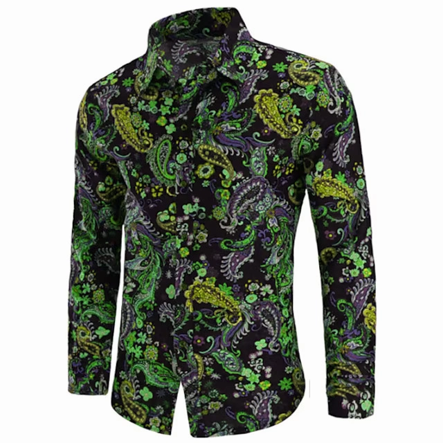Foreign Trade Men's Fashion Long-Sleeved Shirt - Nightclub Floral Print, Slim Fit, British Style Mesh Lining