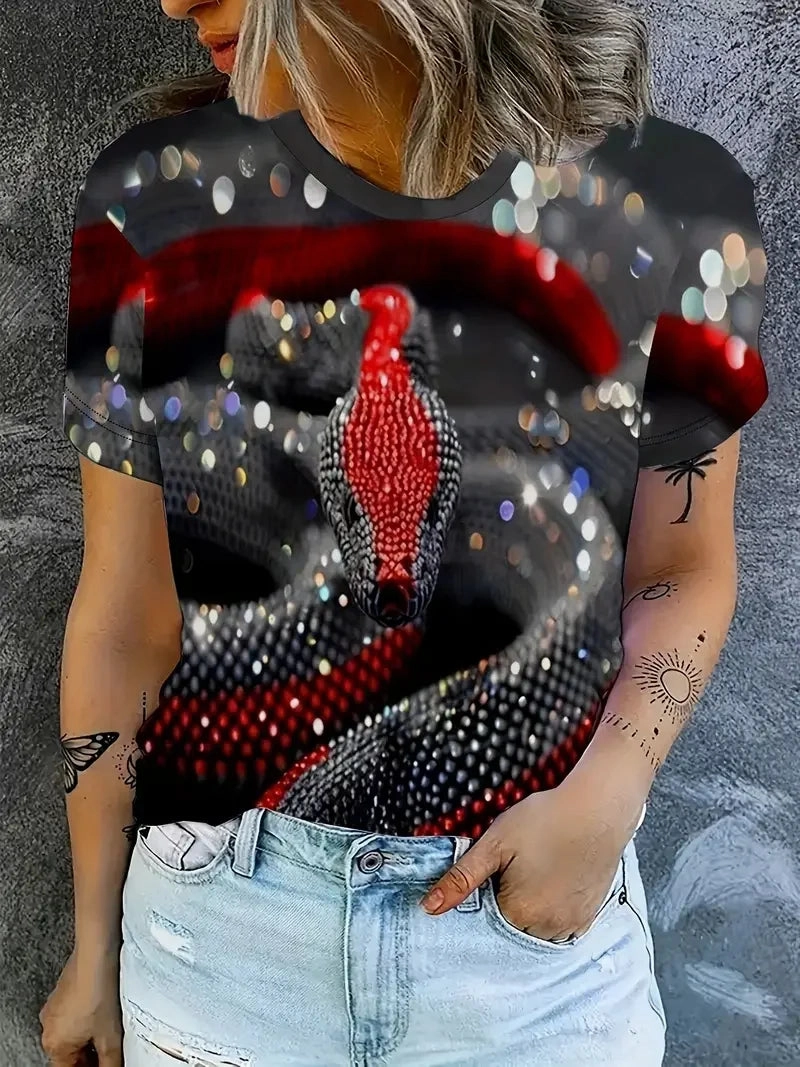 Blush Shade Smooth Curve Funny Women's T-shirt Snake Graphic Print Summer Round Neck Short Sleeve Top