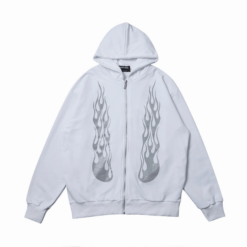 Warm Outfit Dark Rock Reflective Flame Print Hoodie Men'S Sports Cardigan