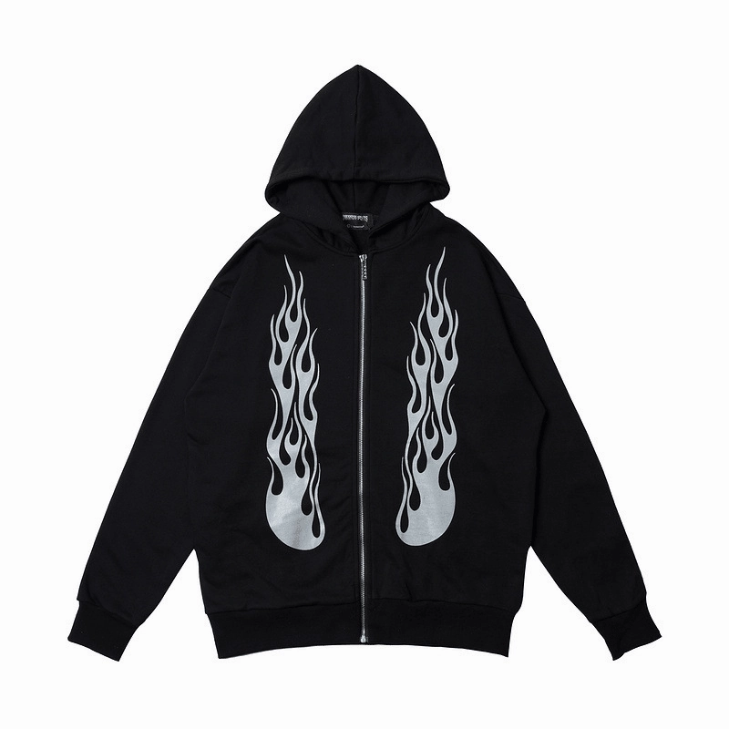 Dark Rock Reflective Flame Print Hoodie Men'S Sports Cardigan glove accents Basic Wear
