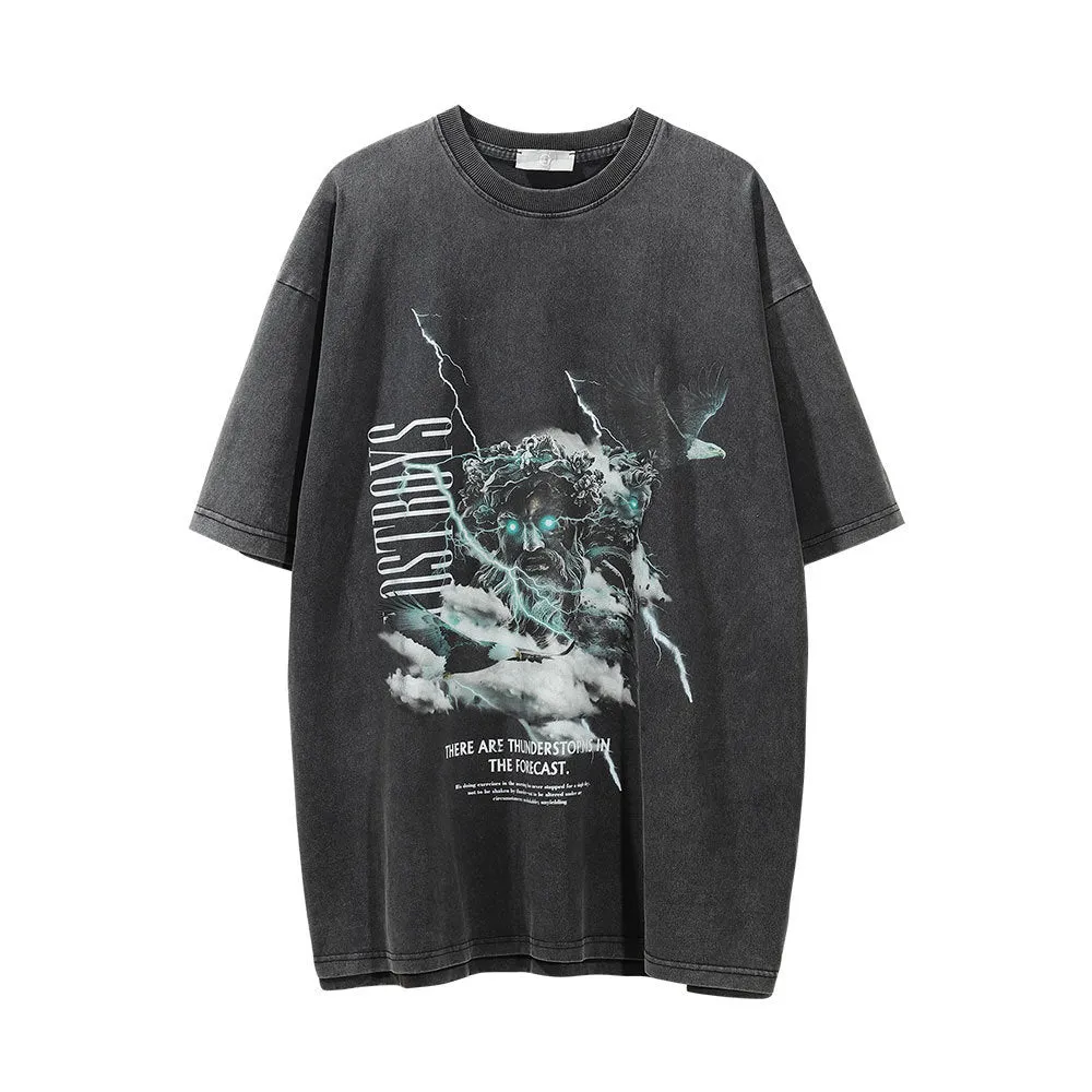 Devil Print Washed T-shirt Men Casual Layers