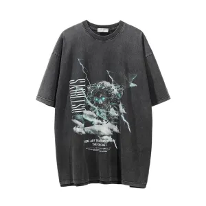 Devil Print Washed T-shirt Men Casual Layers