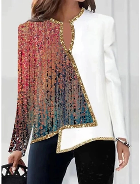 Digital Printed Flower V-neck Hem Asymmetric Women's Long Sleeves weekday wear All Purpose Layer