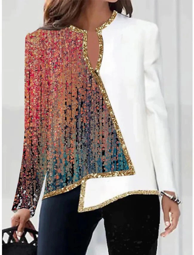 Lightweight Design Brand Identity Digital Printed Flower V-neck Hem Asymmetric Women's Long Sleeves