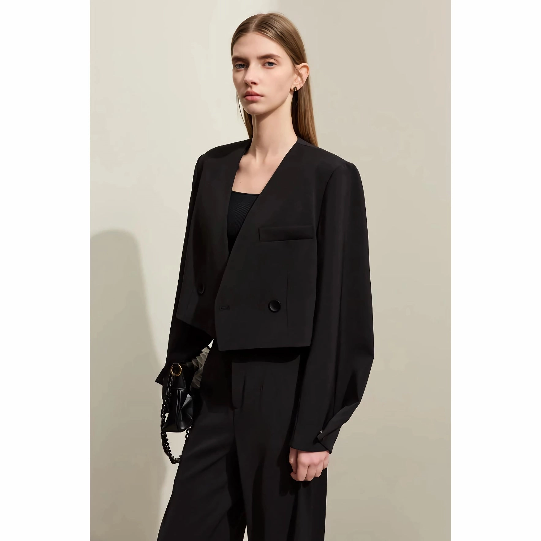 Pant Suits - V-neck Blazer and Casual Pants Office Set Flexible Material