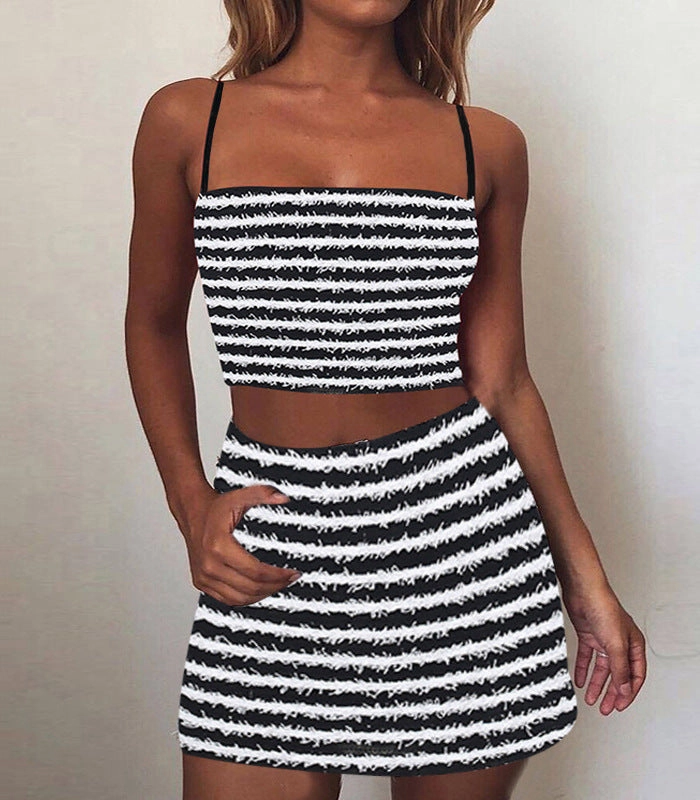 Women's Texture Striped Spaghetti Straps Suit Dress Fresh Sport