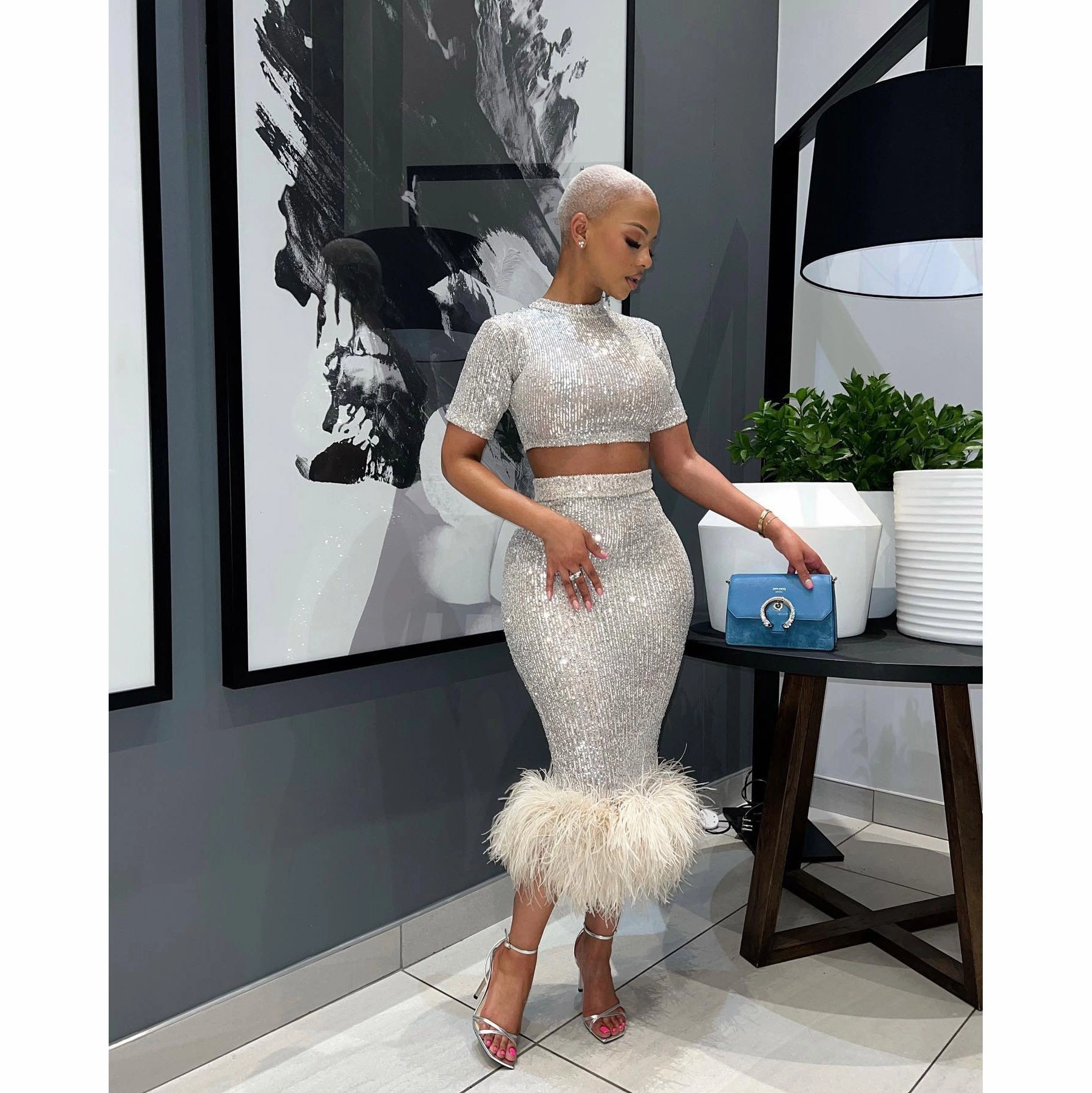 Fashionable Sequins Short Sleeve Sheath Sexy Feather Non-ironing One-step Skirt Dinner Comfy