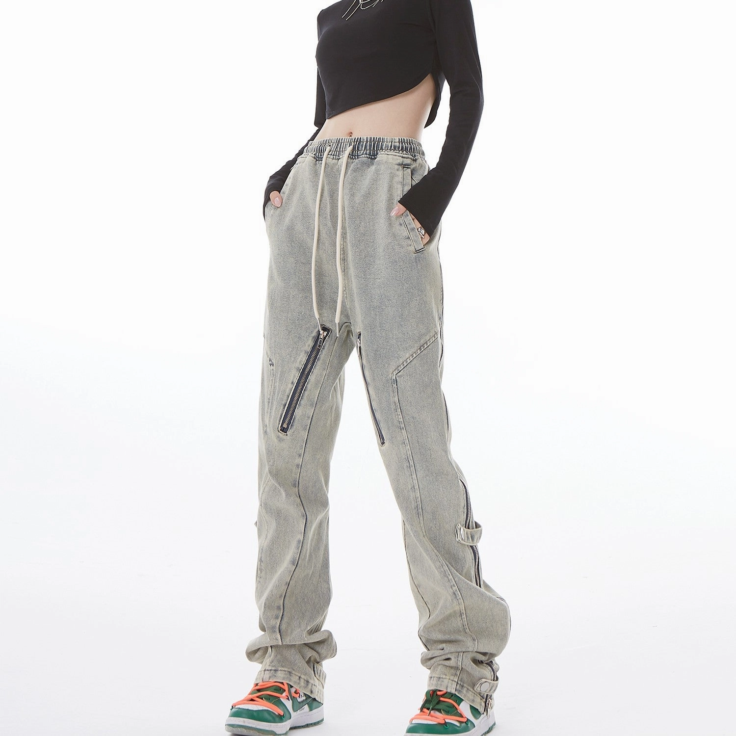 Niche Distressed Wash Jeans With Side Open Zipper Micro-flared Active Ready High Rise