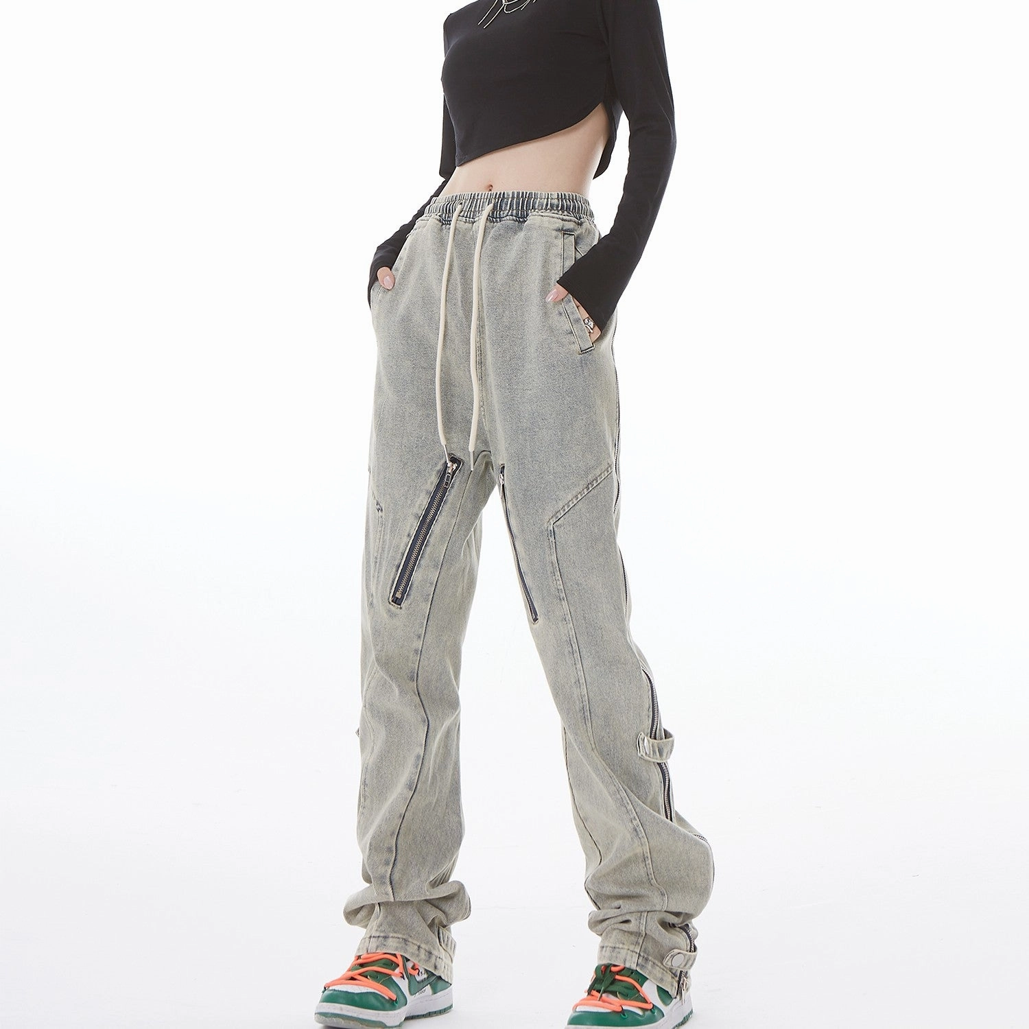 Niche Distressed Wash Jeans With Side Open Zipper Micro-flared Anti Fade Technology