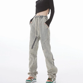 Niche Distressed Wash Jeans With Side Open Zipper Micro-flared Anti Fade Technology