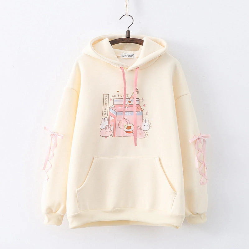 Sporty Look Cartoon Peach Drink Bunny Print Fleece Pullover Ladies Sweater