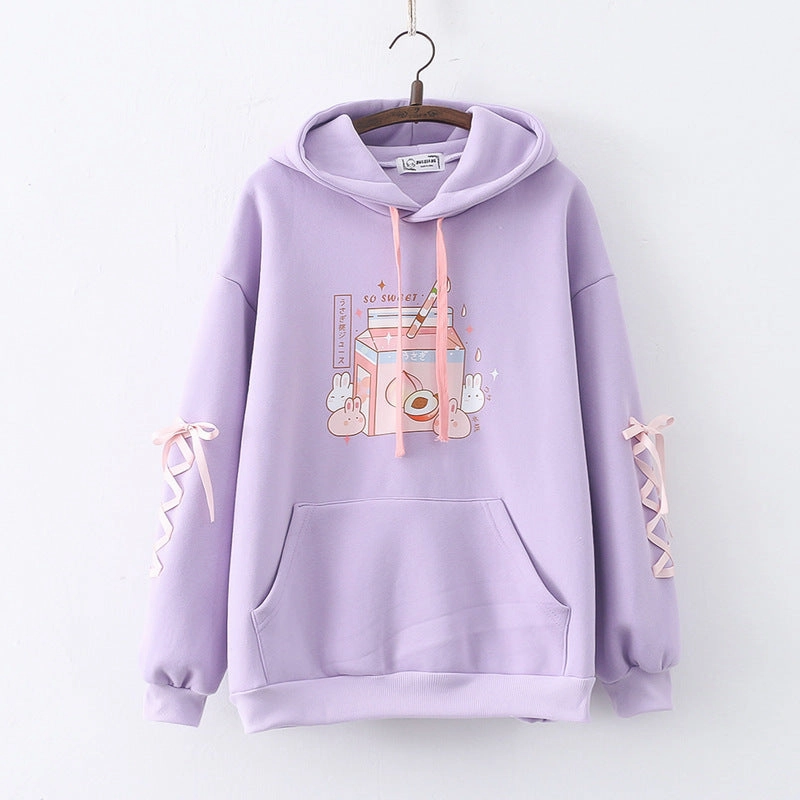 Cartoon Peach Drink Bunny Print Fleece Pullover Ladies Sweater Classic Sporty Graphic Art