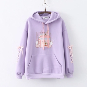 Cartoon Peach Drink Bunny Print Fleece Pullover Ladies Sweater Classic Sporty Graphic Art