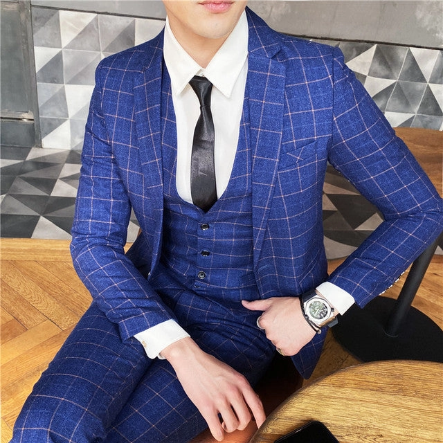 Luxury Comfort Adjustable Waist System West Louis? Designer Business Acetate Plaid Slim 3 Piece Suit