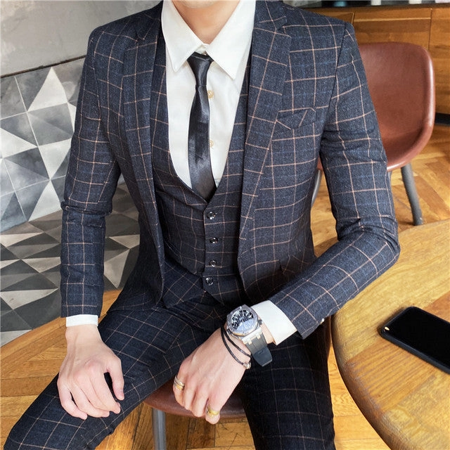 Soft Fabric All-Occasion Comfort West Louis? Designer Business Acetate Plaid Slim 3 Piece Suit
