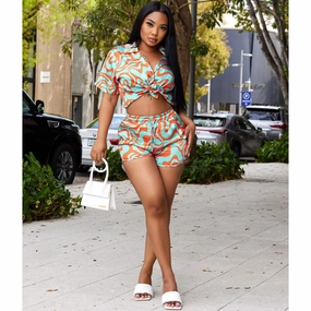 European And American Foreign Trade Women's Clothing Corrugated Printed Short-sleeved Shirt Casual Hot Pants Suit Wedding Casual Outdoor Worker