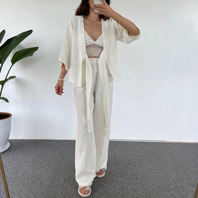 Unique Singer Cool Simple Women's Fashion Casual Loose Lace-up Three-quarter Length Sleeves Cardigan Trousers Two-piece Set