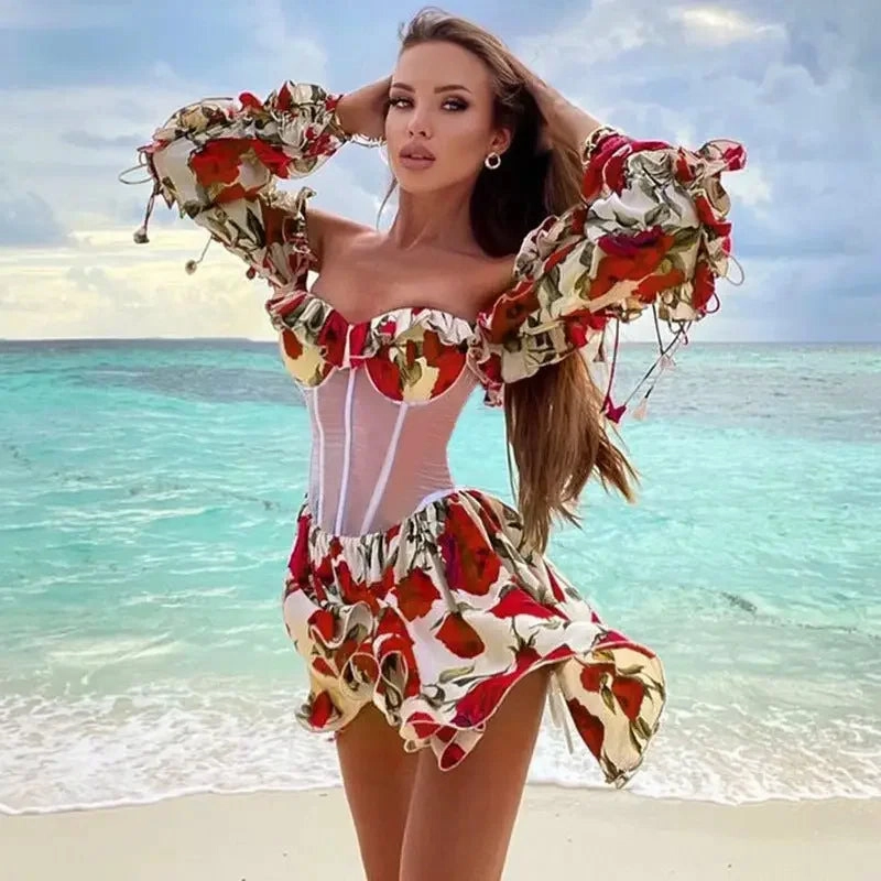 poolside style Ultra Flat Lock Stitching Elegant mesh Waist Summer Dress