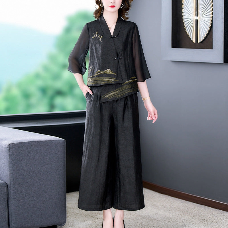 Vivid Neutral Office Model Embroidered Irregular Top Wide-leg Pants Two-piece Set