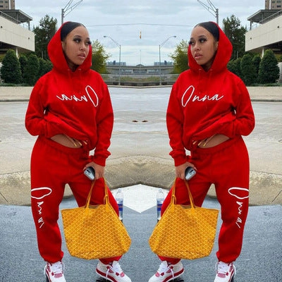 Flexible Holiday European And American Fashion Women's Wear Drawstring Printed Hooded Long Sleeve Trousers Two-piece Set