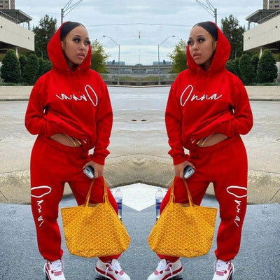 European And American Fashion Women's Wear Drawstring Printed Hooded Long Sleeve Trousers Two-piece Set Music Wedding