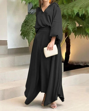 Basic Lightweight European And American Foreign Trade Women's Clothing New Loose Plus Size Solid Color Long-sleeved Top High Waist Long Skirt Suit