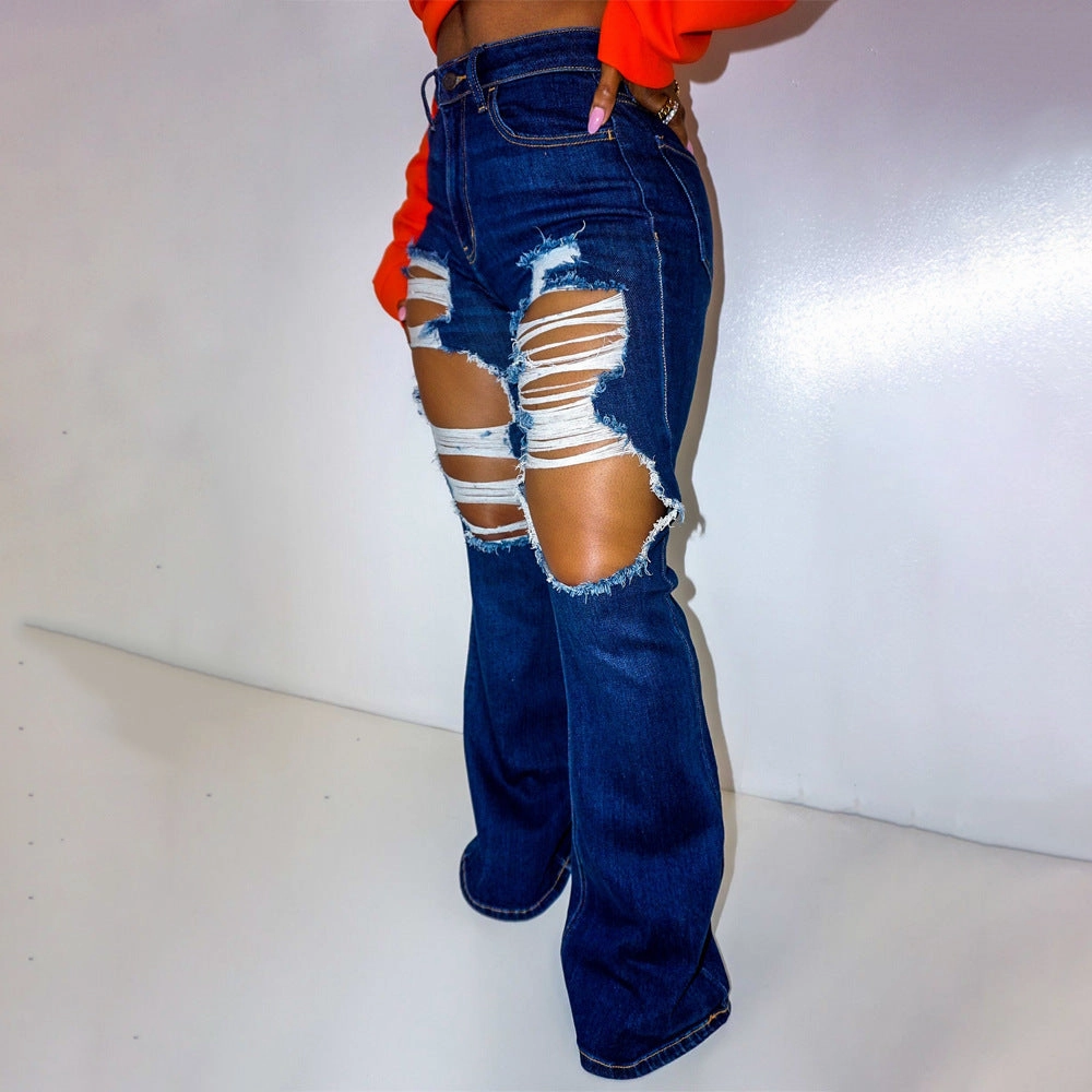 European And American Lady High Stretch Jeans Wide Leg Trousers Ripped Neutral Autumn Days All Fit Use