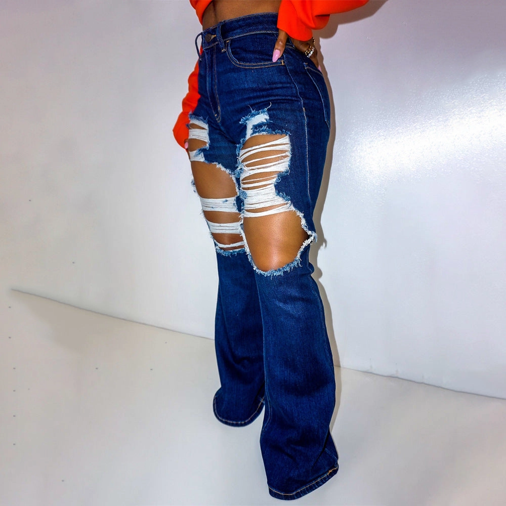 European And American Lady High Stretch Jeans Wide Leg Trousers Ripped Wrinkle Free Fabric Treatment Rugged Feel