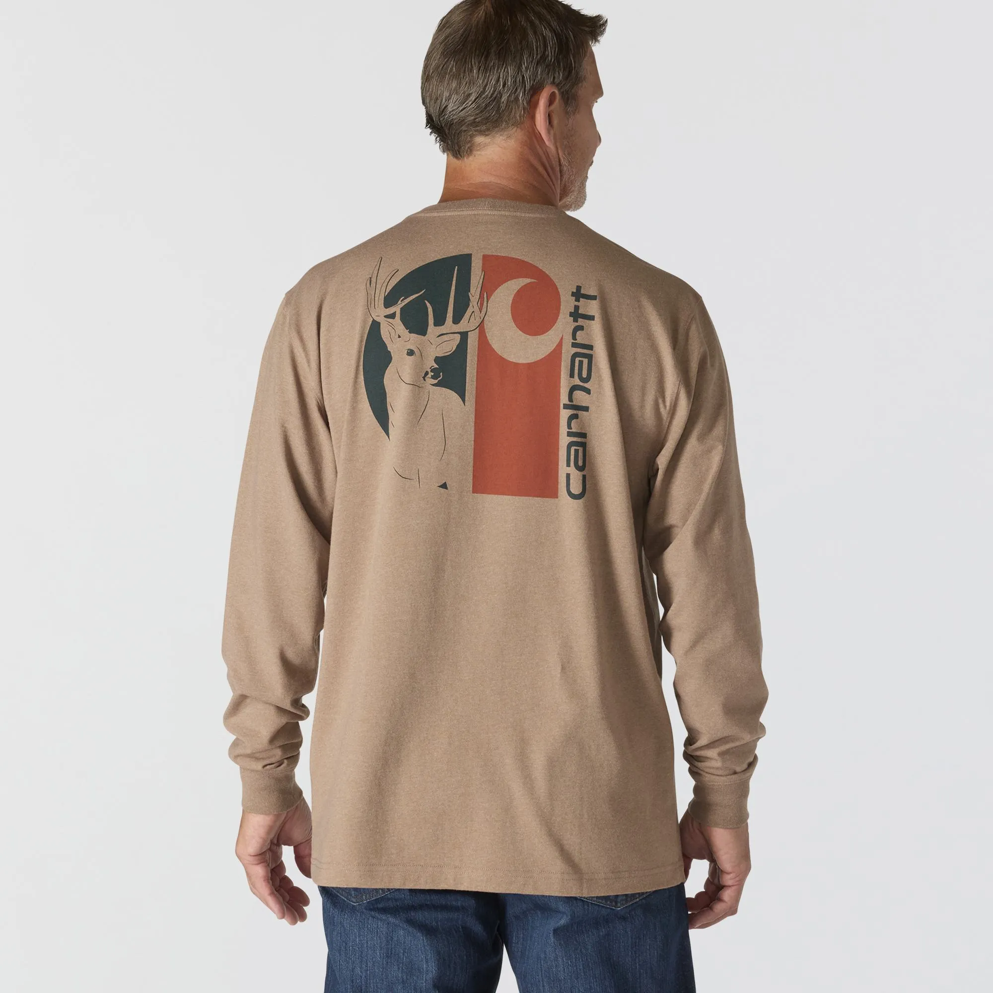Men's Loose Fit Deer Graphic Long-Sleeve Tee 107041 DoubleStitched
