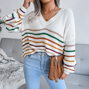 Flexible Comfort Sporty Fit Autumn And Winter New Rainbow Stripes Casual Loose Sweater