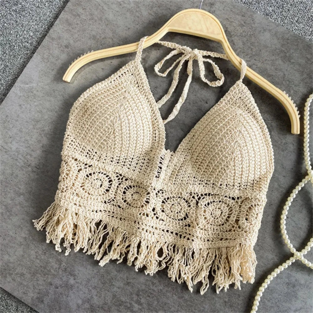 Women's Boho Fringe Backless Halter Tie Neck Underwear Outerwear with Neck Hanging Embroidery Tassel Suspender Vest Short Tank Wind Block