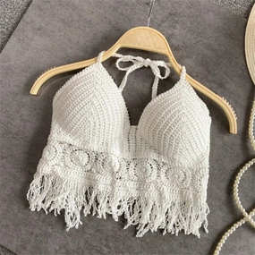 Women's Boho Fringe Backless Halter Tie Neck Underwear Outerwear with Neck Hanging Embroidery Tassel Suspender Vest Short Tank Simple Bow