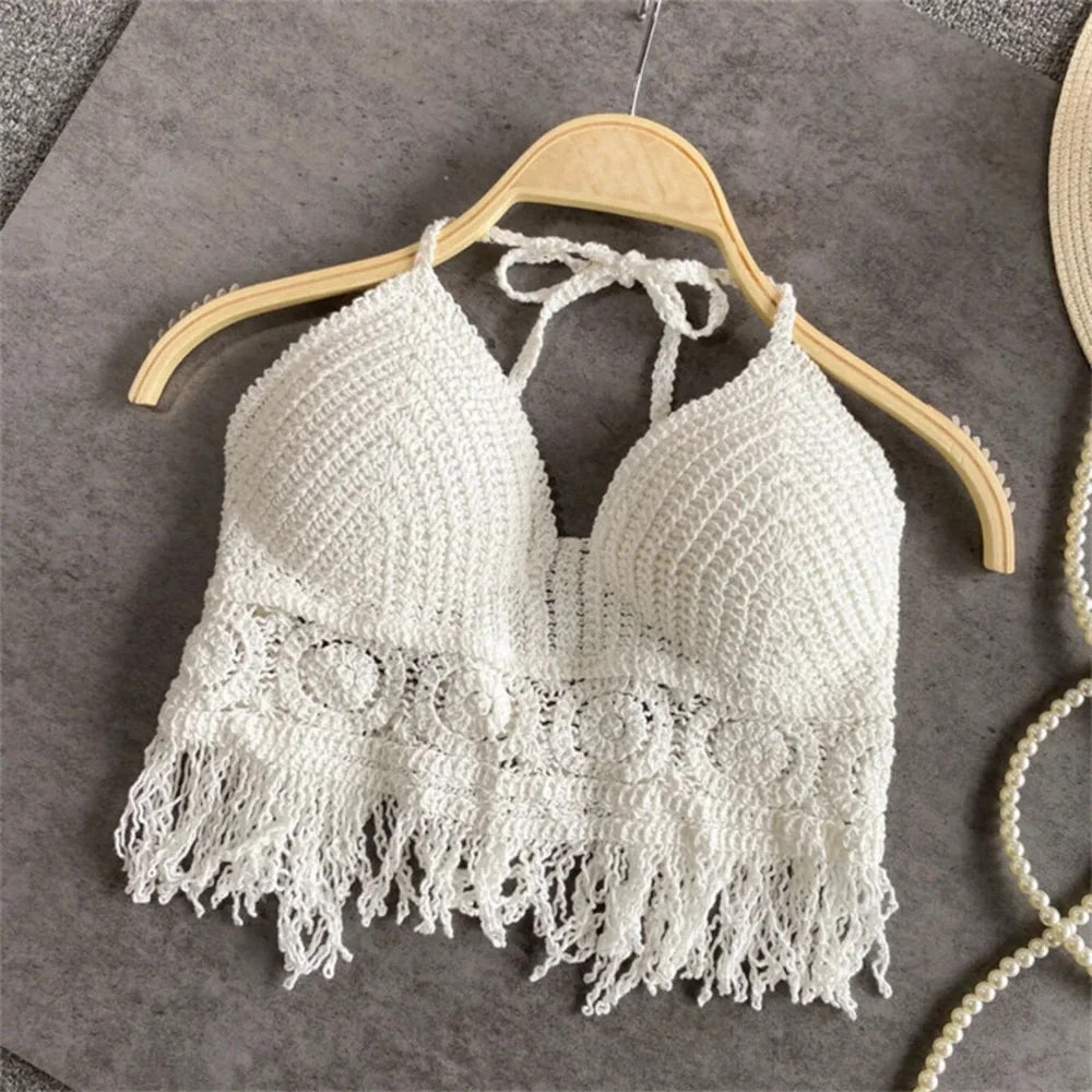 Women's Boho Fringe Backless Halter Tie Neck Underwear Outerwear with Neck Hanging Embroidery Tassel Suspender Vest Short Tank Stylish Scarf NonIrritating