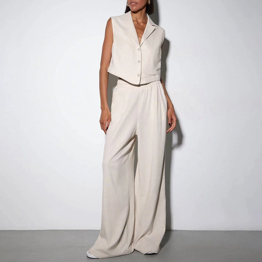 Vest High Waist Wide Leg Pants Suit Solid Color New Fine