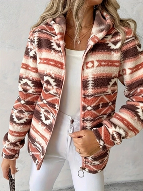 Fashion Casual Geometric Pattern Printed Hooded Zipper Jacket Extended Coverage