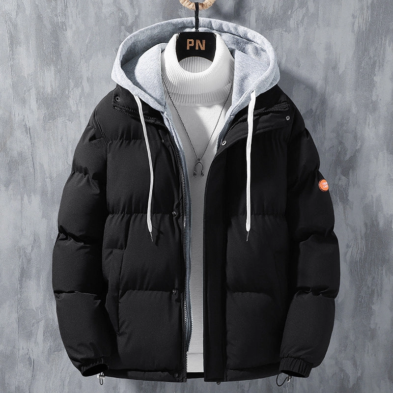 Frictionless Cuffs Patchwork Fashion Hooded Jacket Men Winter Windproof Thickened Fake Two-piece Coat Solid Leisure Sports Cotton Jacket