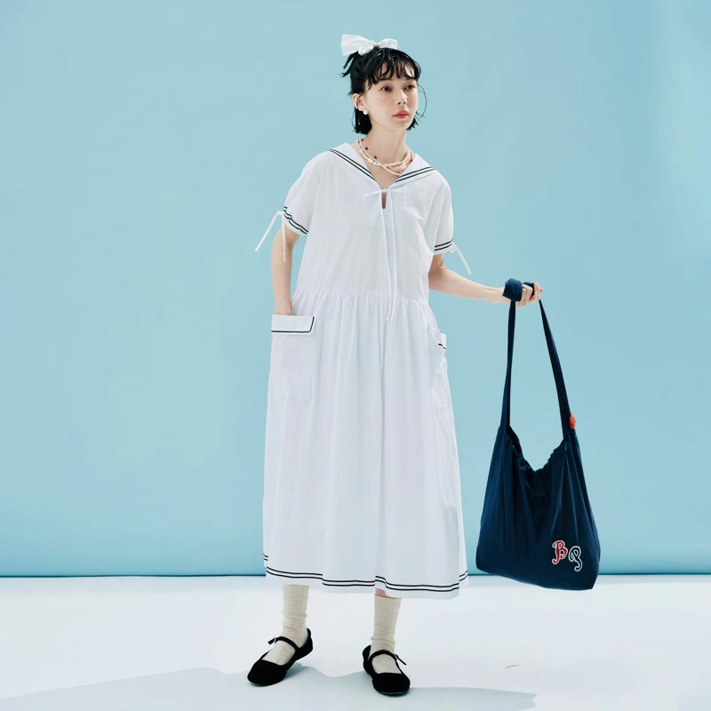 Stylish Comfort Cozy Elegance Summer Striped Cotton Mid-Length Dress with Sailor Collar and Pockets