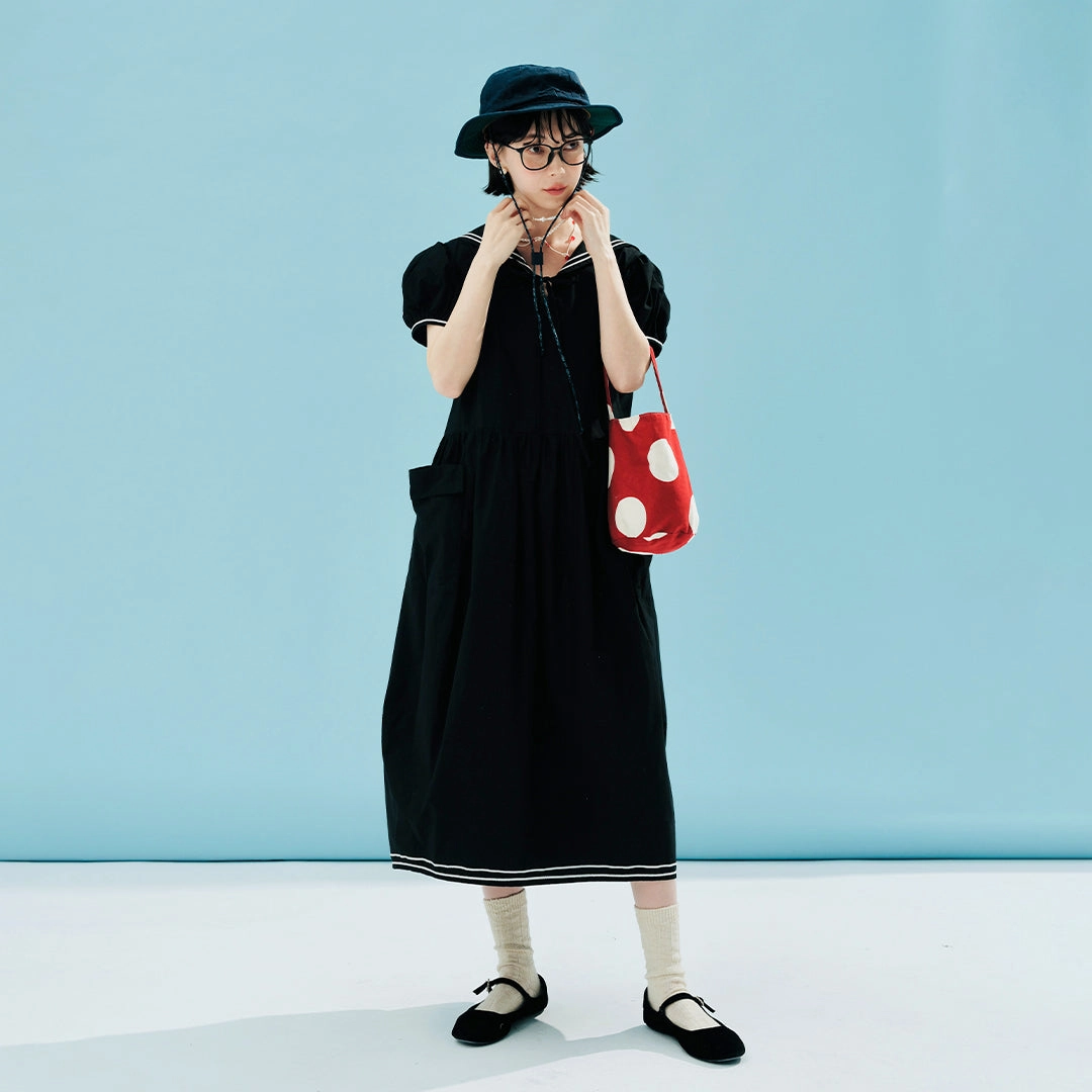 Summer Striped Cotton Mid-Length Dress with Sailor Collar and Pockets Flight Hall Windy Ready