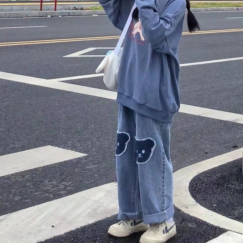 Fresh Attire Female Loose Retro Bear Patchwork Jeans